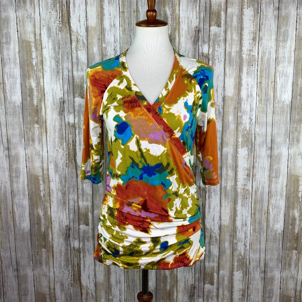 CAbi #309 Crossover Surplice Ruched Watercolor Top